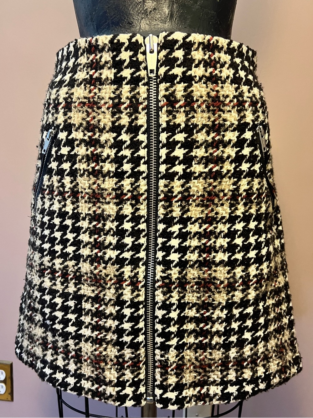 The Kooples Plaid Tweed Wool Blend Full Length Front Zipper Skirt Size S